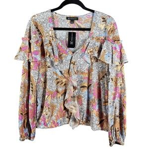 INC International Concepts Blouse Womens XL Narina Scene Floral Ruffle Exotic Es